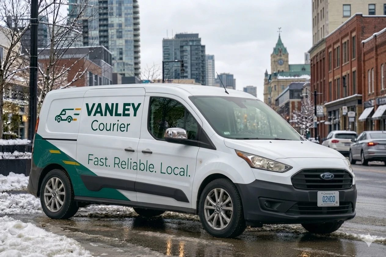 White Vanley Courier cargo van with "Fast. Reliable. Local." on the side, parked on a snowy downtown street